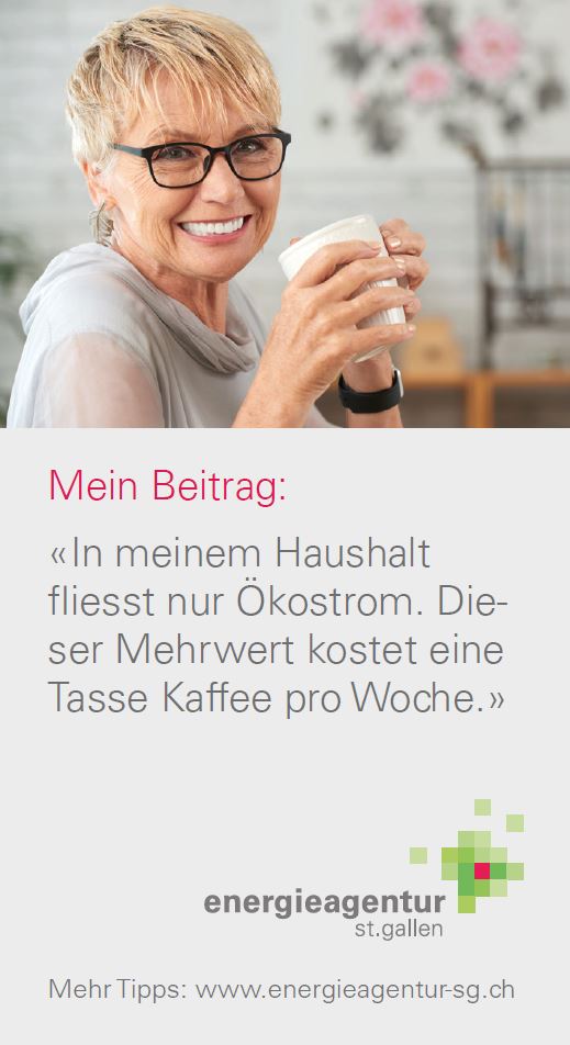In meinem Haushalt fliesst nur Ökostrom. Dieser Mehrwert kostet eine Tasse Kaffee pro Woche.